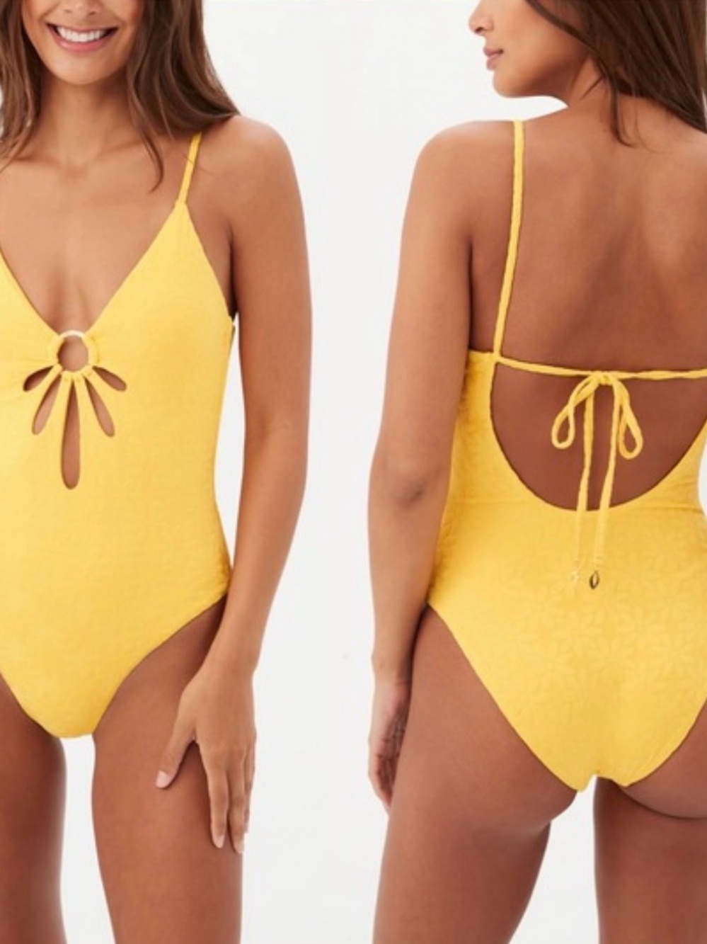 Trina Turk Joplin Jacquard Petal Cutout Plunge One-Piece Swimsuit Yellow Size 14